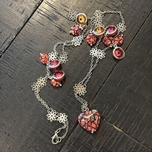 Millefiori Dangle Charm Red & White Heart Flower Shape Long Necklace​​